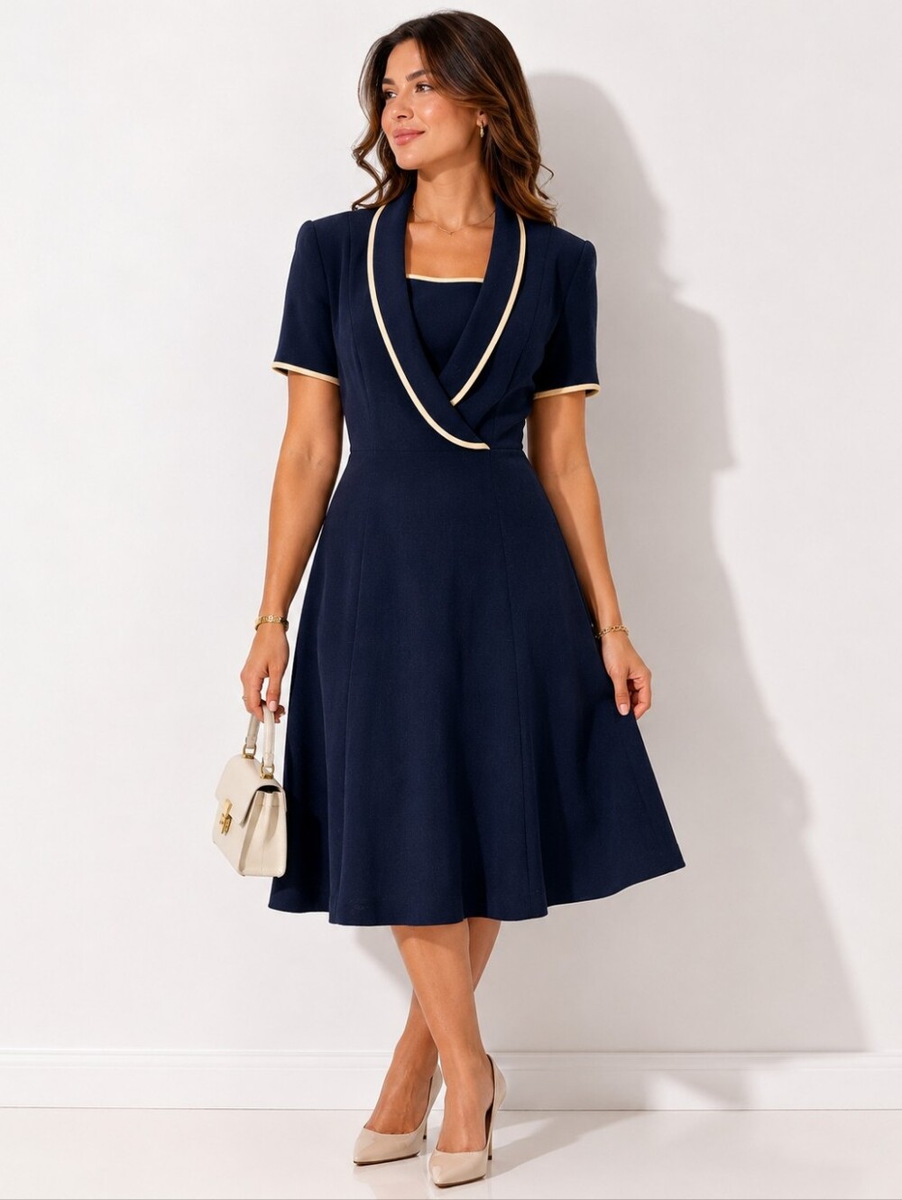 Escada Margaretha Ley Vintage Navy Blue Wrap Style Dress Beige Trim Size 38 M